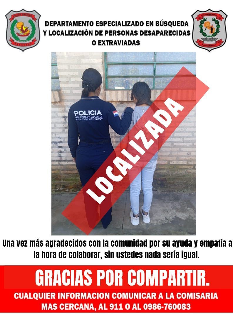 Localización exitosa de adolescente desaparecida en Limpio, Paraguay