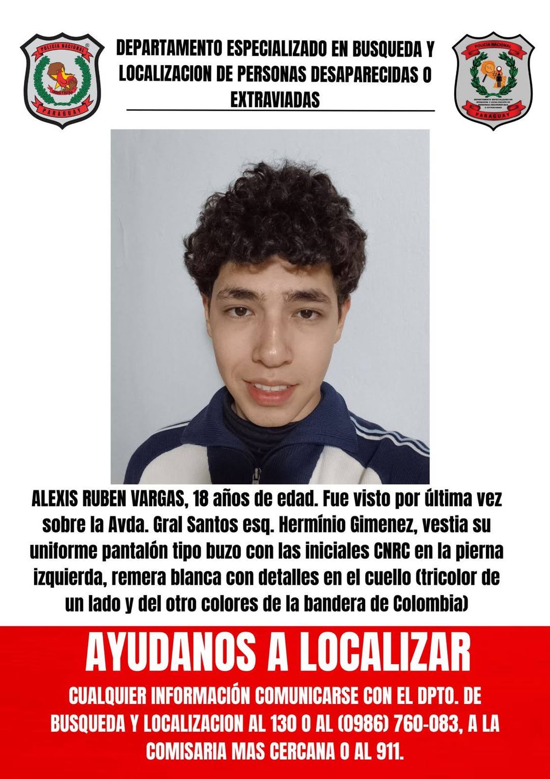 Ayuda urgente: Se solicita información sobre paradero de Alexis Vargas