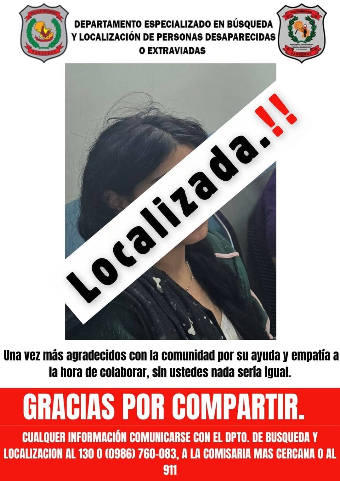 Policía localiza adolescente desaparecida en Asunción tras rápida acción.
