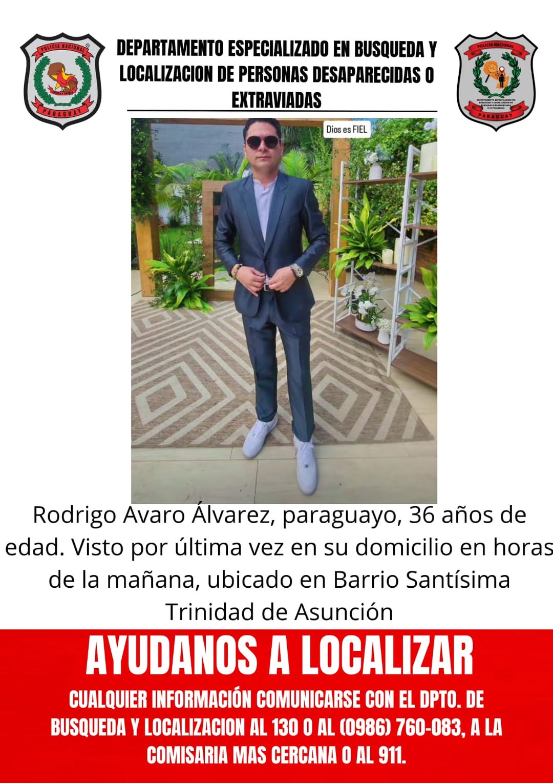 Solicitamos colaboración para encontrar a Rodrigo Ávalo en Asunción.