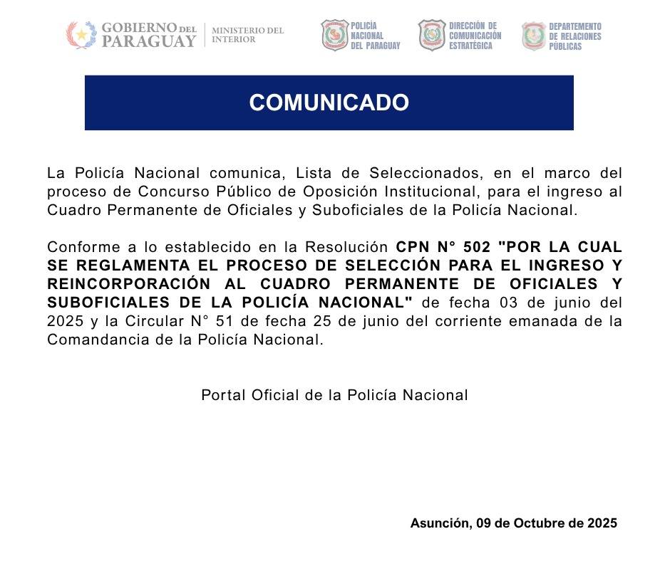 Policía Nacional comparte listas y puntajes de seleccionados recientes.