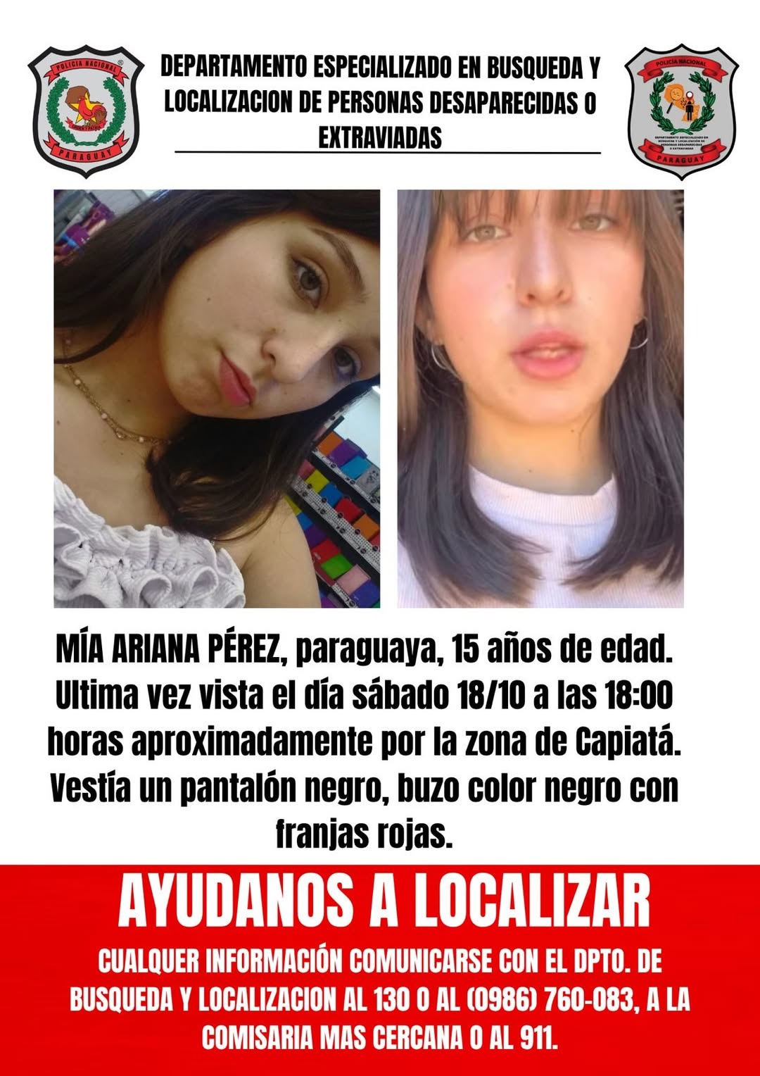 Ayuda urgente para localizar a Mia, adolescente desaparecida en Capiatá Ayuda urgente para localizar a Mia, adolescente desaparecida en Capiatá
