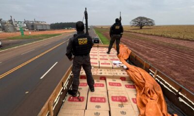 DOF intercepta caminhão com carga de cigarros ilegais a caminho do Paraná.