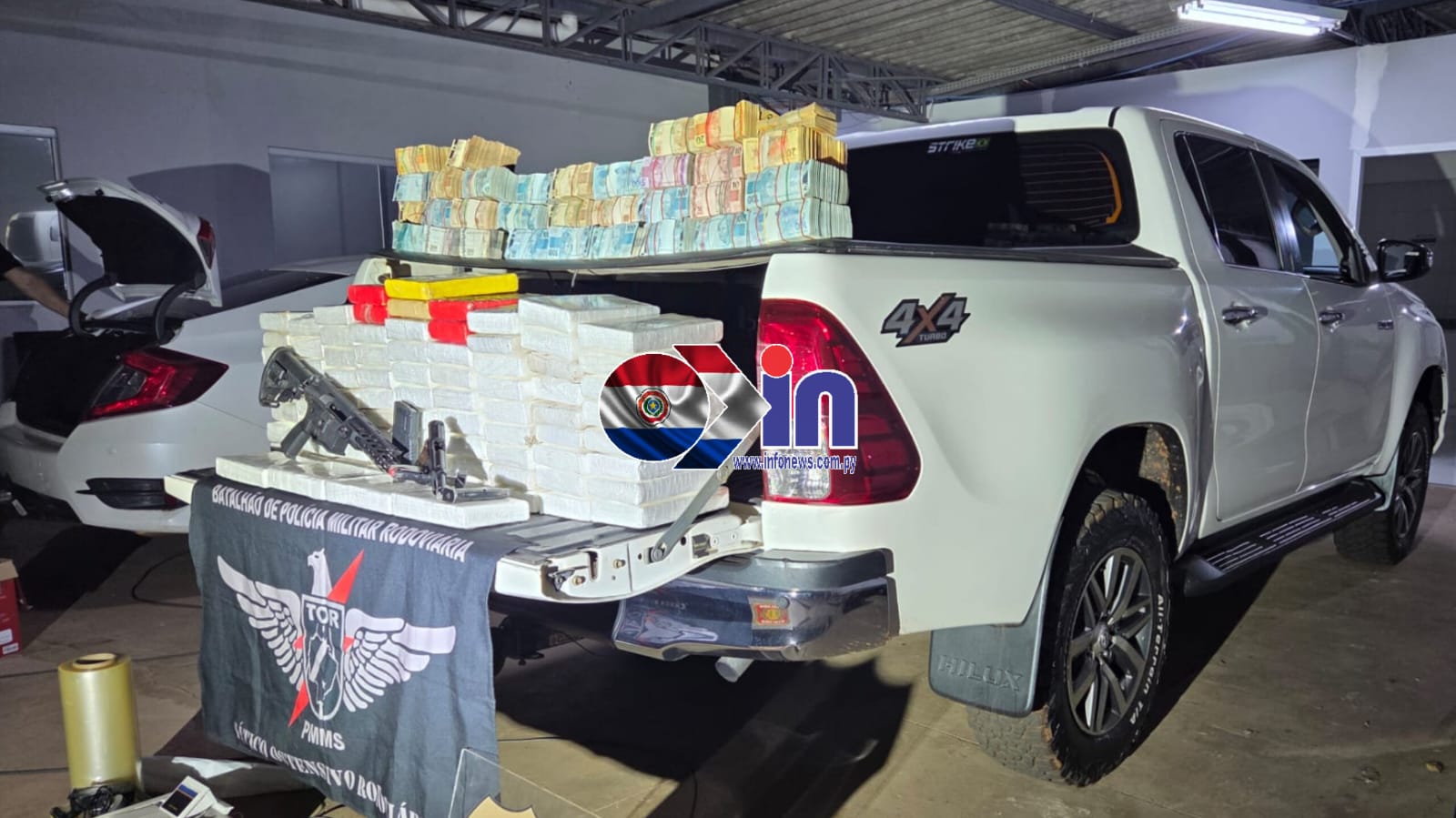 Hombre de 36 años es detenido en Ponta Porã con armas, drogas y R$ 1 millón en efectivo.