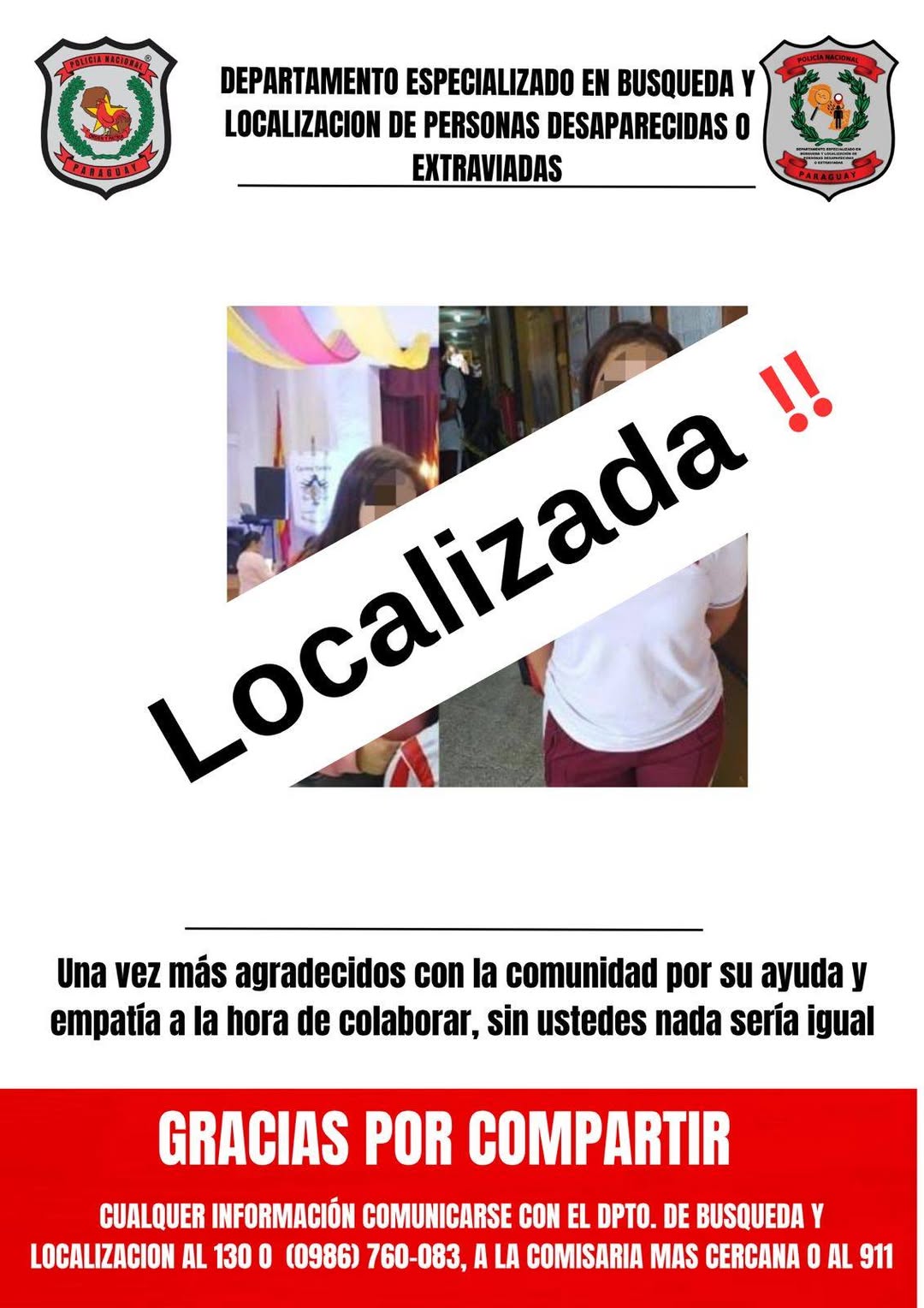 Policía Nacional localiza a joven desaparecida en Ñemby rápidamente. Policía Nacional localiza a joven desaparecida en Ñemby rápidamente.