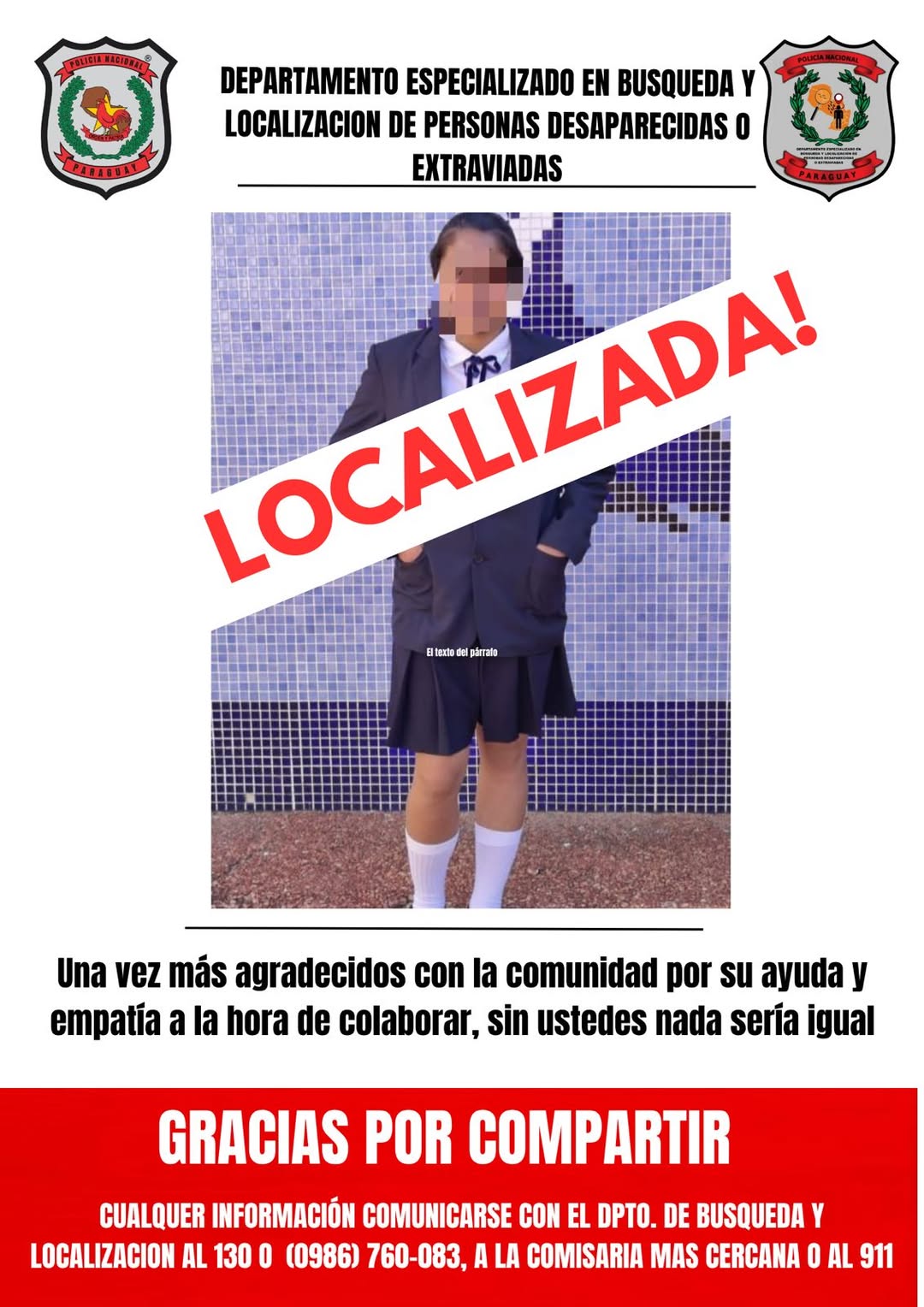 Policía Nacional localiza a adolescente desaparecida en Asunción exitosamente